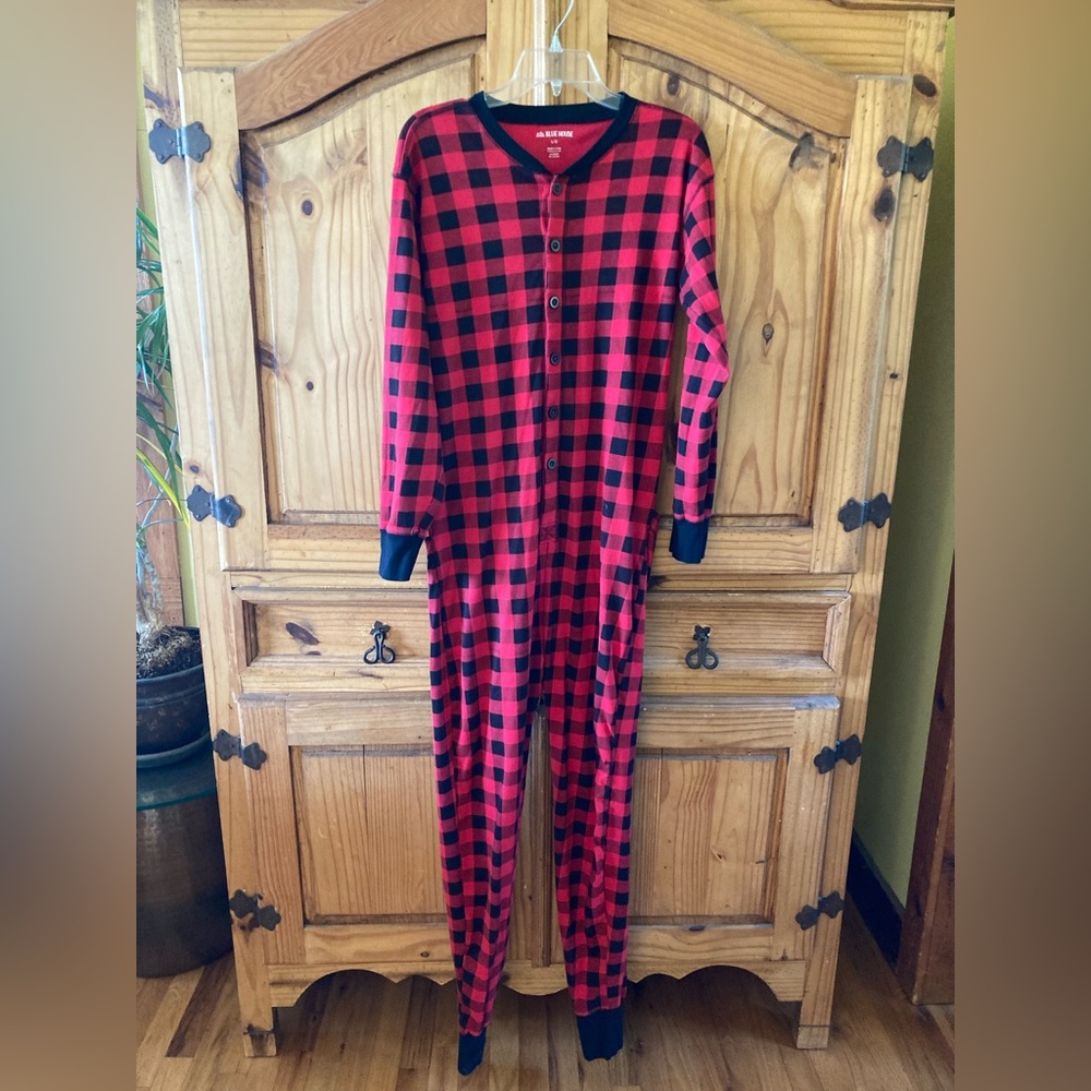 Women Little Blue House red black lumberjack one piece pajamas size L